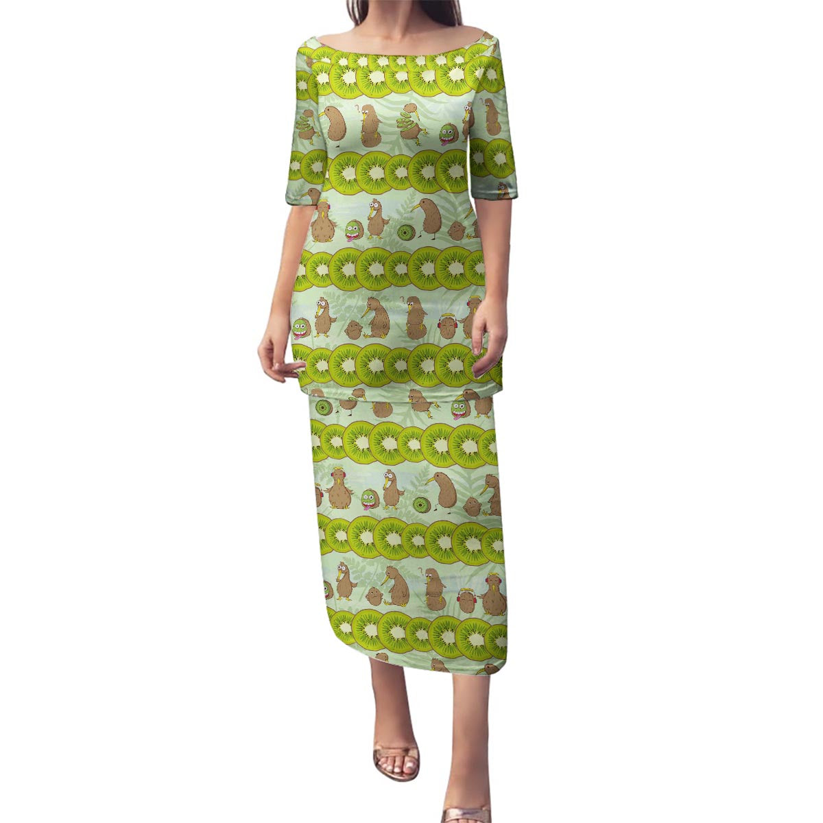 New Zealand Kiwi Fruit Witty Kiwi Bird Family Matching Puletasi and Hawaiian Shirt DT02 Mom's Dress Green - Polynesian Pride