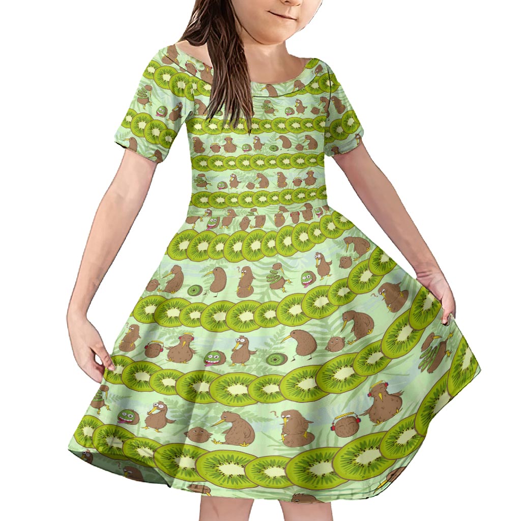 New Zealand Kiwi Fruit Witty Kiwi Bird Family Matching Tank Maxi Dress and Hawaiian Shirt DT02 Daughter's Dress Green - Polynesian Pride