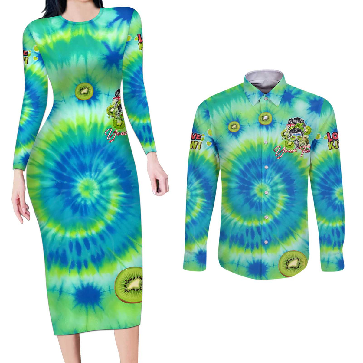 Just a Girl Who Loves Kiwis Couples Matching Long Sleeve Bodycon Dress and Long Sleeve Button Shirt New Zealand Tie Dye DT02 Green - Polynesian Pride