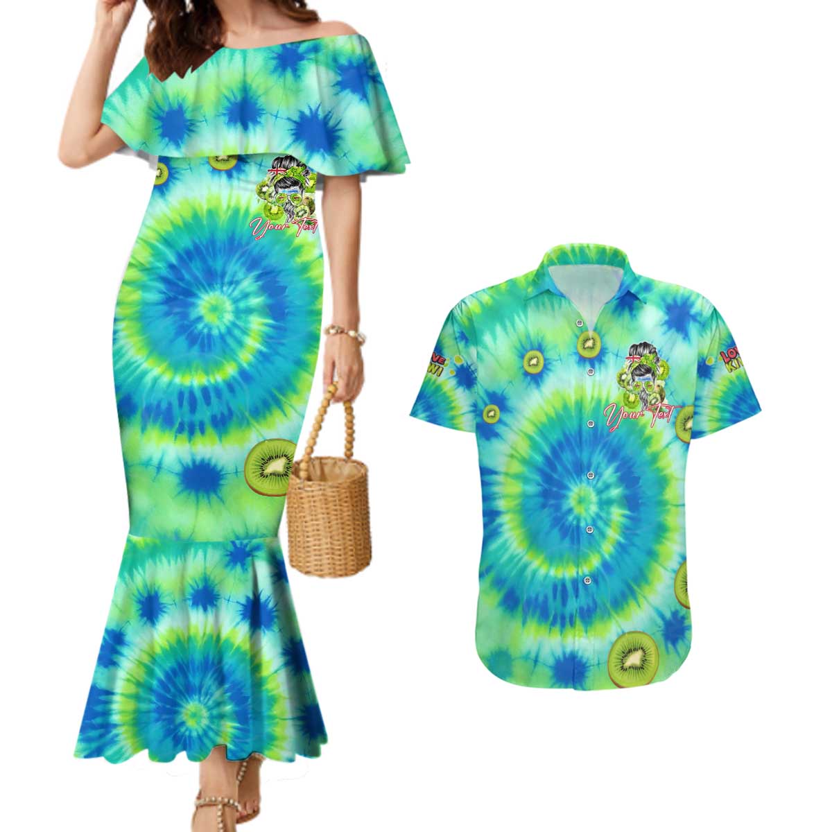 Just a Girl Who Loves Kiwis Couples Matching Mermaid Dress and Hawaiian Shirt New Zealand Tie Dye DT02 Green - Polynesian Pride