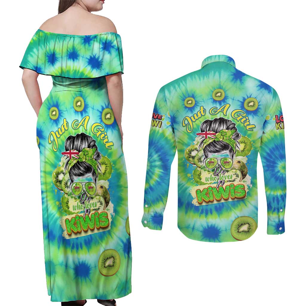 Just a Girl Who Loves Kiwis Couples Matching Off Shoulder Maxi Dress and Long Sleeve Button Shirt New Zealand Tie Dye DT02 - Polynesian Pride
