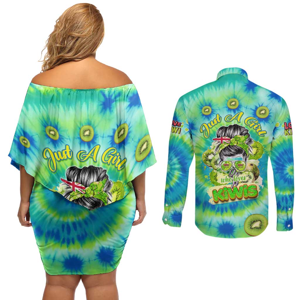Just a Girl Who Loves Kiwis Couples Matching Off Shoulder Short Dress and Long Sleeve Button Shirt New Zealand Tie Dye DT02 - Polynesian Pride