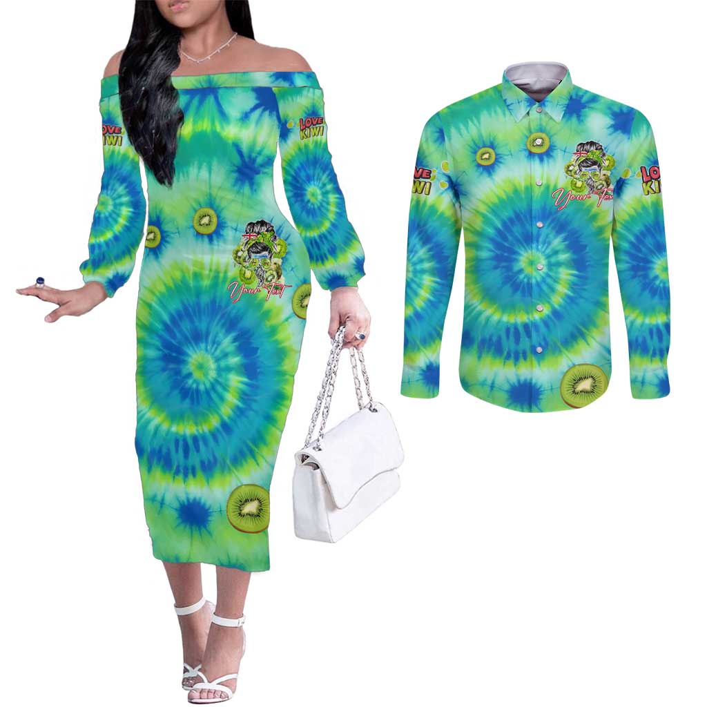 Just a Girl Who Loves Kiwis Couples Matching Off The Shoulder Long Sleeve Dress and Long Sleeve Button Shirt New Zealand Tie Dye DT02 Green - Polynesian Pride