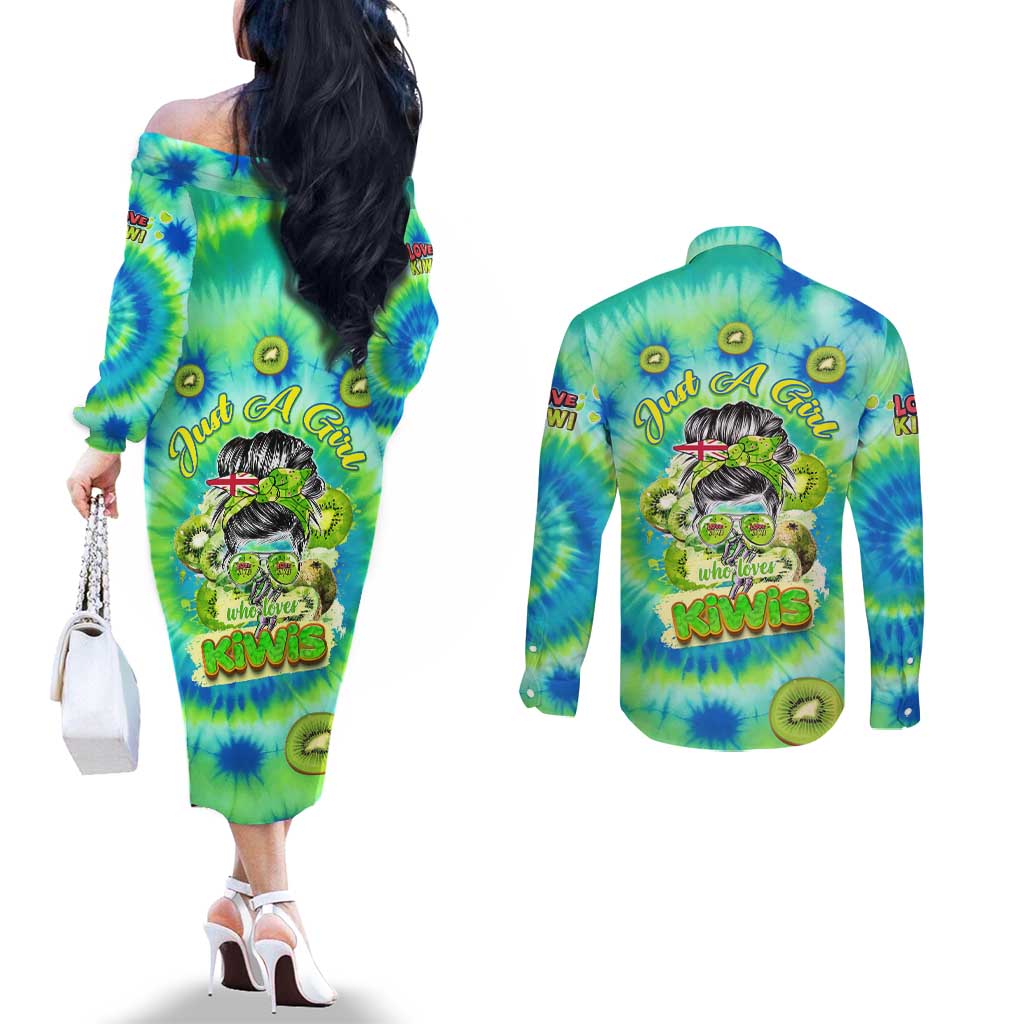 Just a Girl Who Loves Kiwis Couples Matching Off The Shoulder Long Sleeve Dress and Long Sleeve Button Shirt New Zealand Tie Dye DT02 - Polynesian Pride