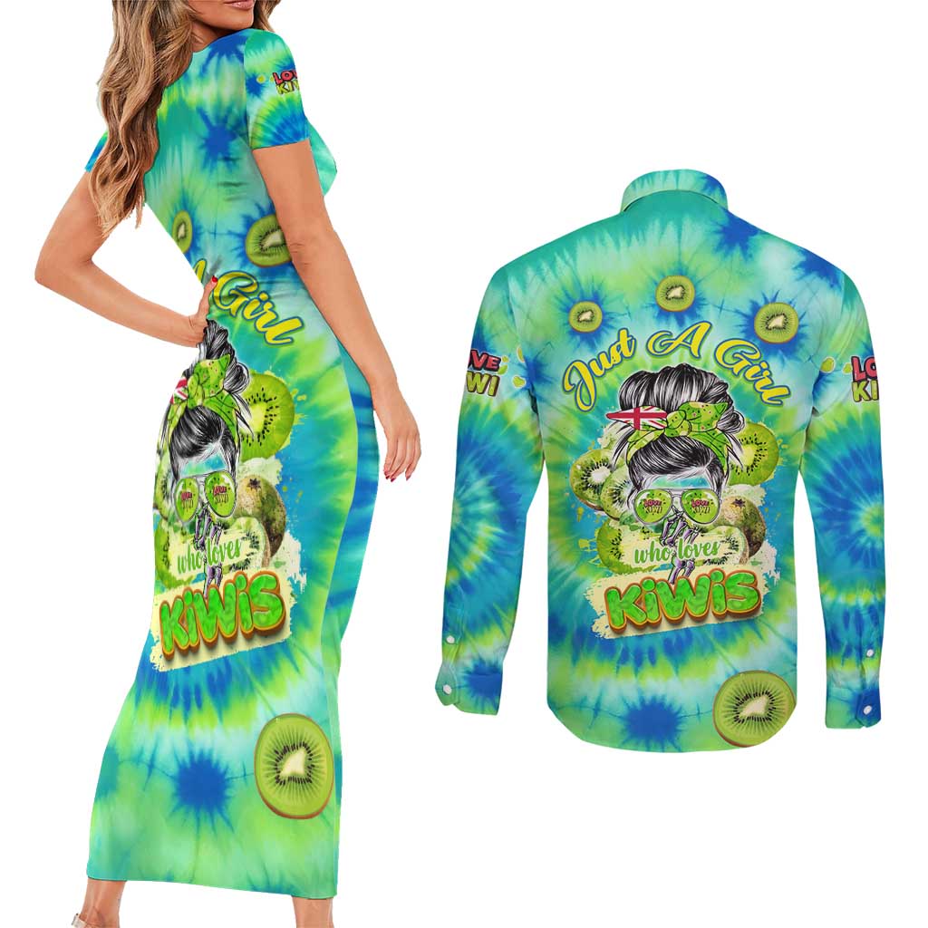Just a Girl Who Loves Kiwis Couples Matching Short Sleeve Bodycon Dress and Long Sleeve Button Shirt New Zealand Tie Dye DT02 - Polynesian Pride