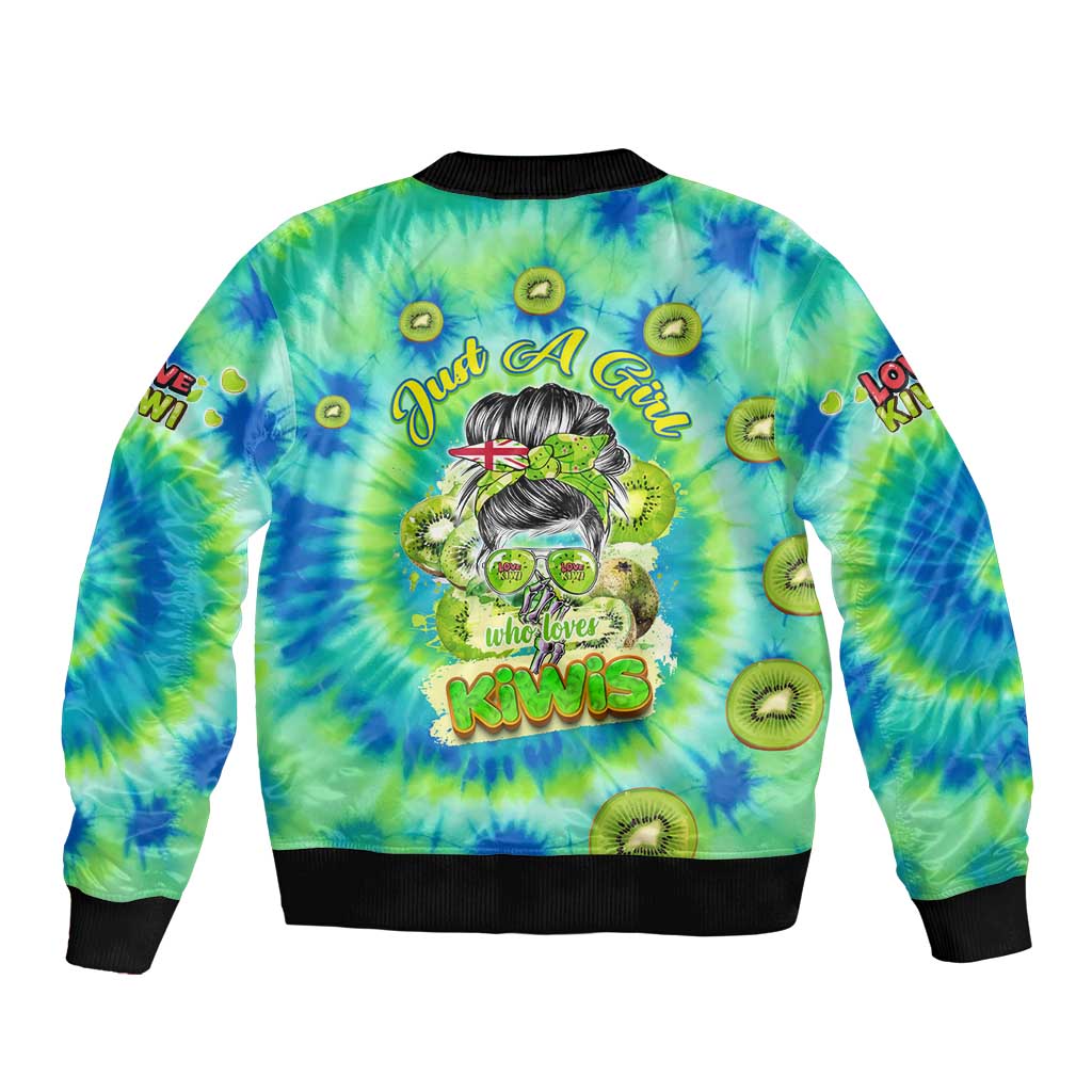 Just a Girl Who Loves Kiwis Sleeve Zip Bomber Jacket New Zealand Tie Dye