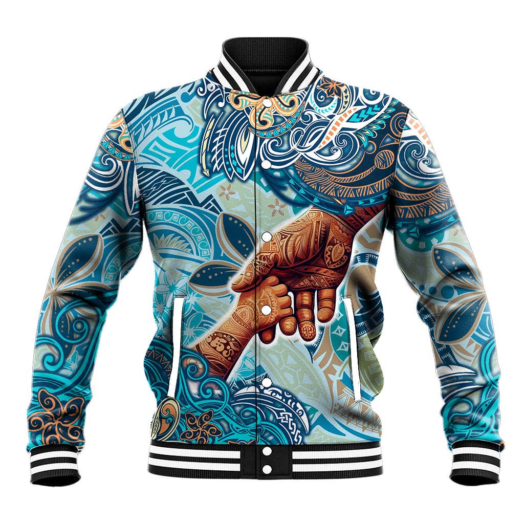 Hand In Hand Father's Day Polynesian Baseball Jacket Tribal Flower Pattern