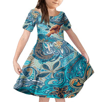Hand In Hand Father's Day Polynesian Family Matching Long Sleeve Bodycon Dress and Hawaiian Shirt Tribal Flower Pattern DT02 Daughter's Dress Blue - Polynesian Pride