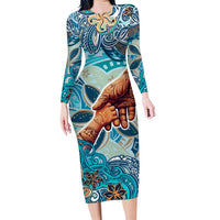 Hand In Hand Father's Day Polynesian Family Matching Long Sleeve Bodycon Dress and Hawaiian Shirt Tribal Flower Pattern DT02 Mom's Dress Blue - Polynesian Pride