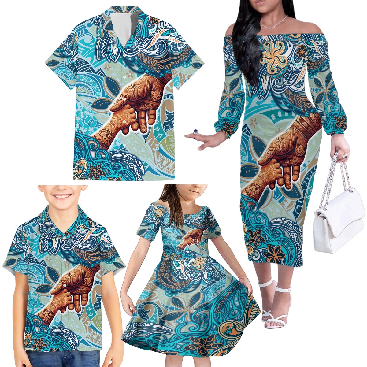 Hand In Hand Father's Day Polynesian Family Matching Off The Shoulder Long Sleeve Dress and Hawaiian Shirt Tribal Flower Pattern DT02 - Polynesian Pride
