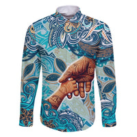 Hand In Hand Father's Day Polynesian Family Matching Off The Shoulder Long Sleeve Dress and Hawaiian Shirt Tribal Flower Pattern DT02 Dad's Shirt - Long Sleeve Blue - Polynesian Pride