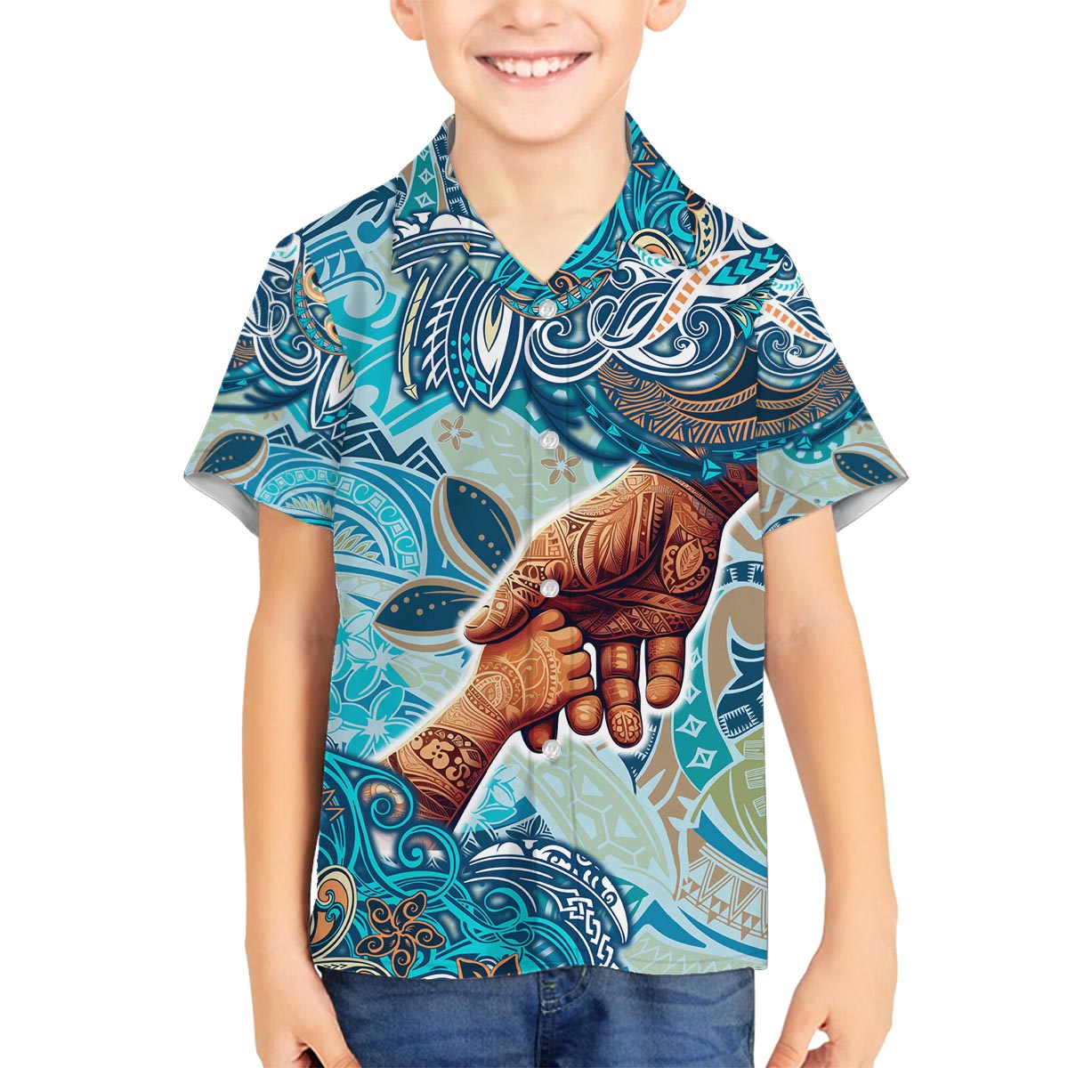Hand In Hand Father's Day Polynesian Family Matching Off The Shoulder Long Sleeve Dress and Hawaiian Shirt Tribal Flower Pattern DT02 Son's Shirt Blue - Polynesian Pride