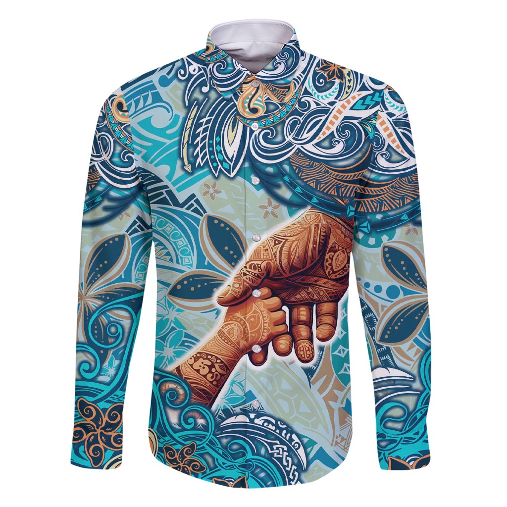 Hand In Hand Father's Day Polynesian Family Matching Short Sleeve Bodycon Dress and Hawaiian Shirt Tribal Flower Pattern DT02 Dad's Shirt - Long Sleeve Blue - Polynesian Pride