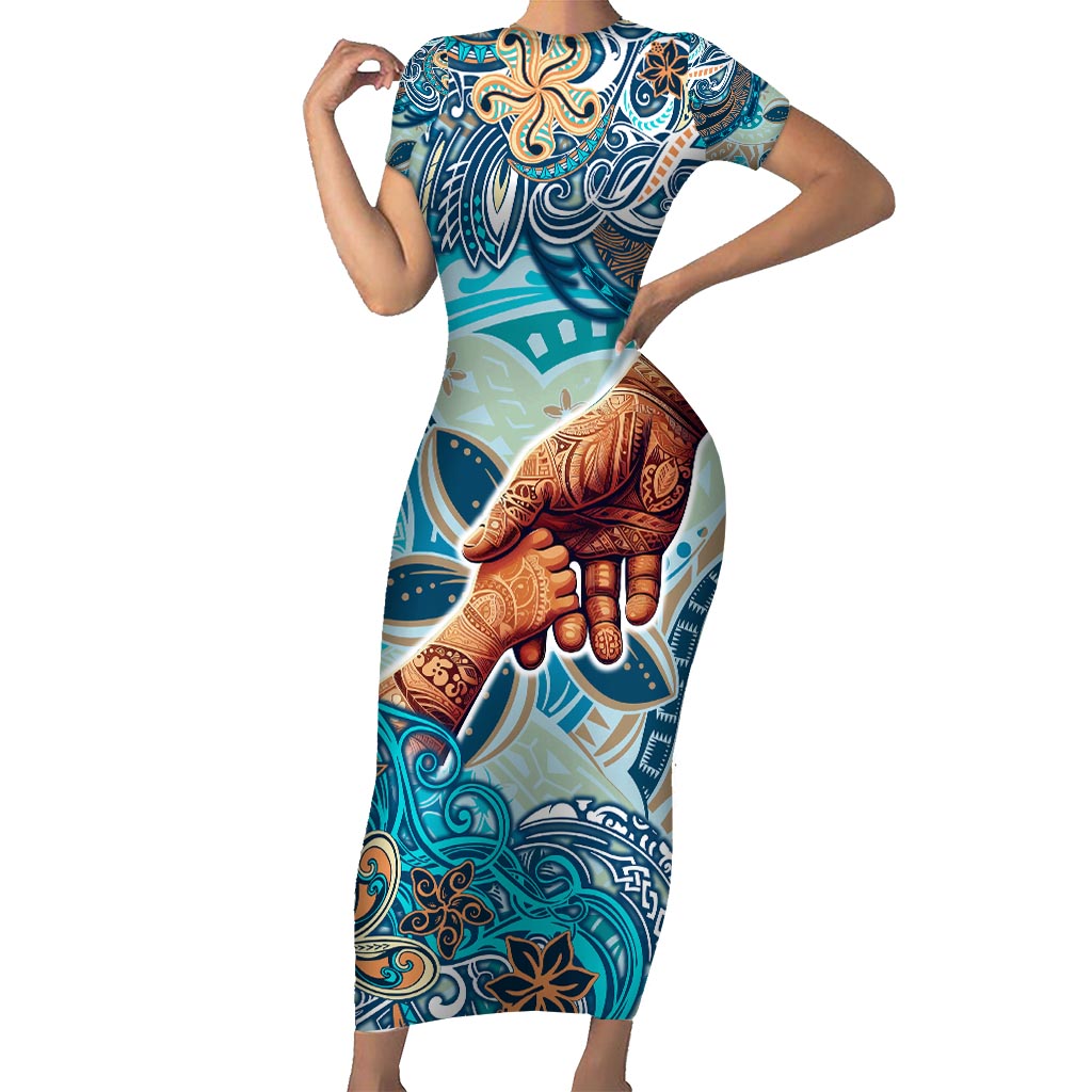 Hand In Hand Father's Day Polynesian Family Matching Short Sleeve Bodycon Dress and Hawaiian Shirt Tribal Flower Pattern DT02 Mom's Dress Blue - Polynesian Pride