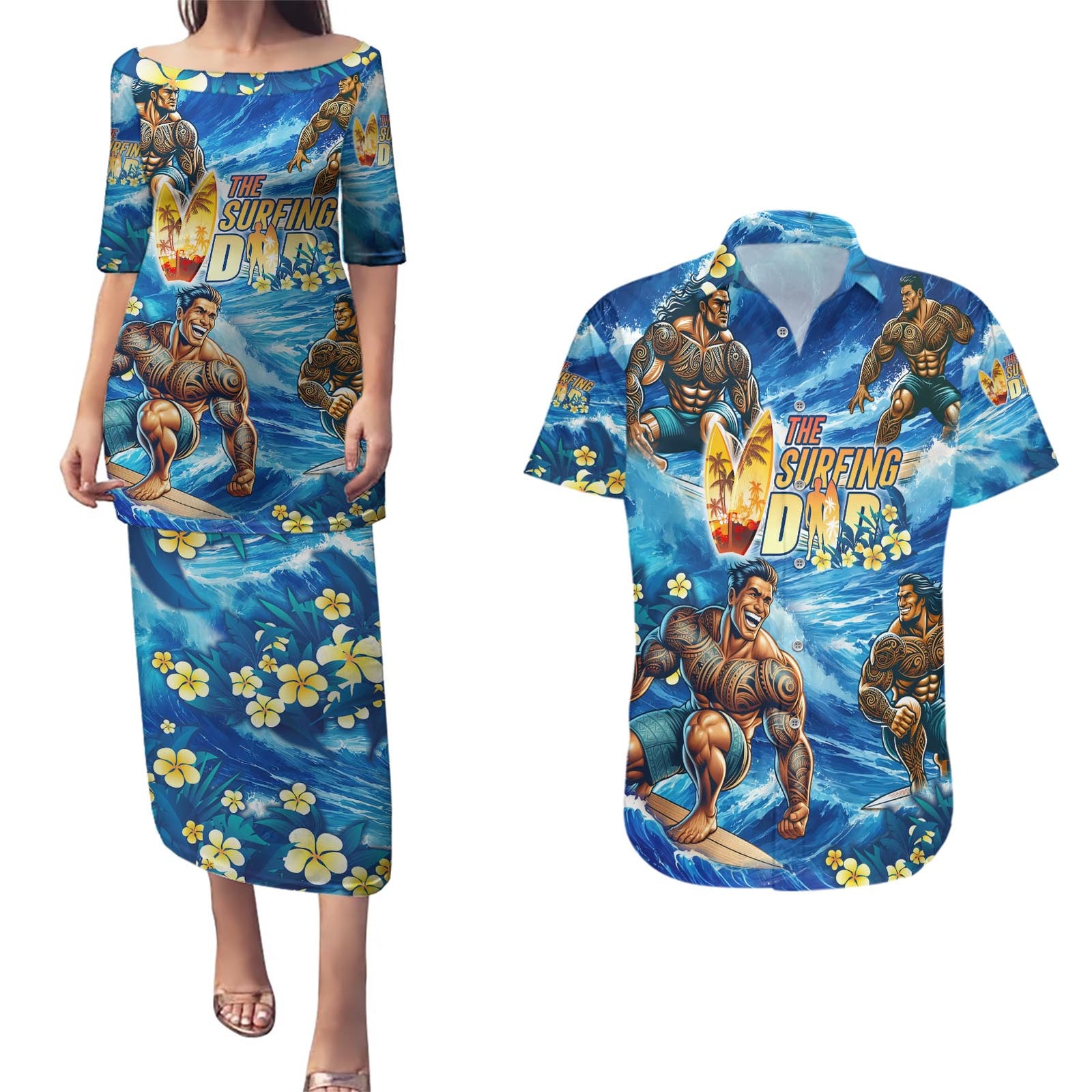 Hawaii Father's Day Couples Matching Puletasi and Hawaiian Shirt The Surfing Dad Polynesian Tattoo