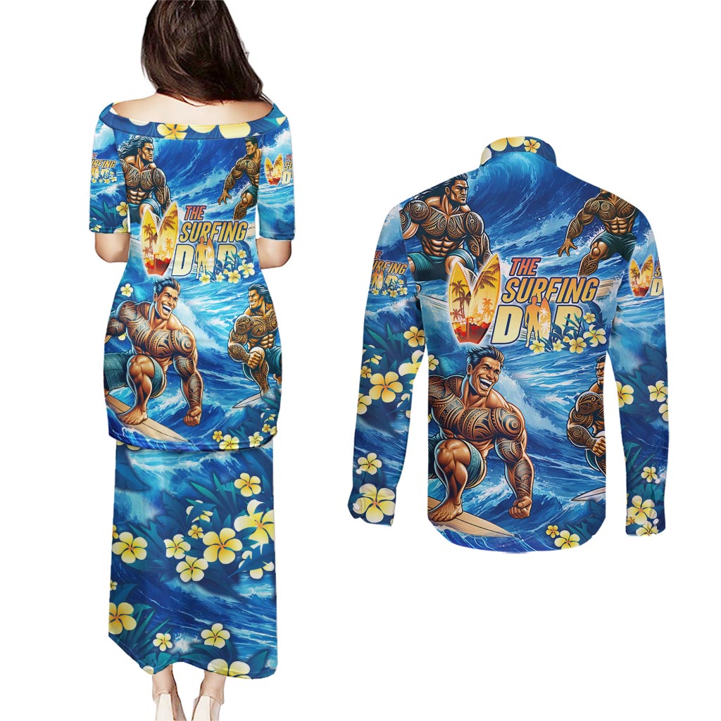 Hawaii Father's Day Couples Matching Puletasi and Long Sleeve Button Shirt The Surfing Dad Polynesian Tattoo