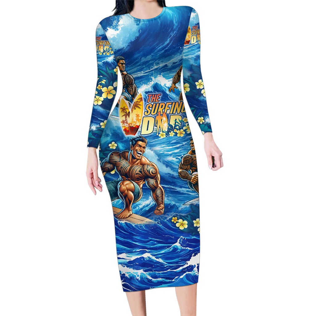 Hawaii Father's Day Family Matching Long Sleeve Bodycon Dress and Hawaiian Shirt The Surfing Dad Polynesian Tattoo DT02 Mom's Dress Blue - Polynesian Pride