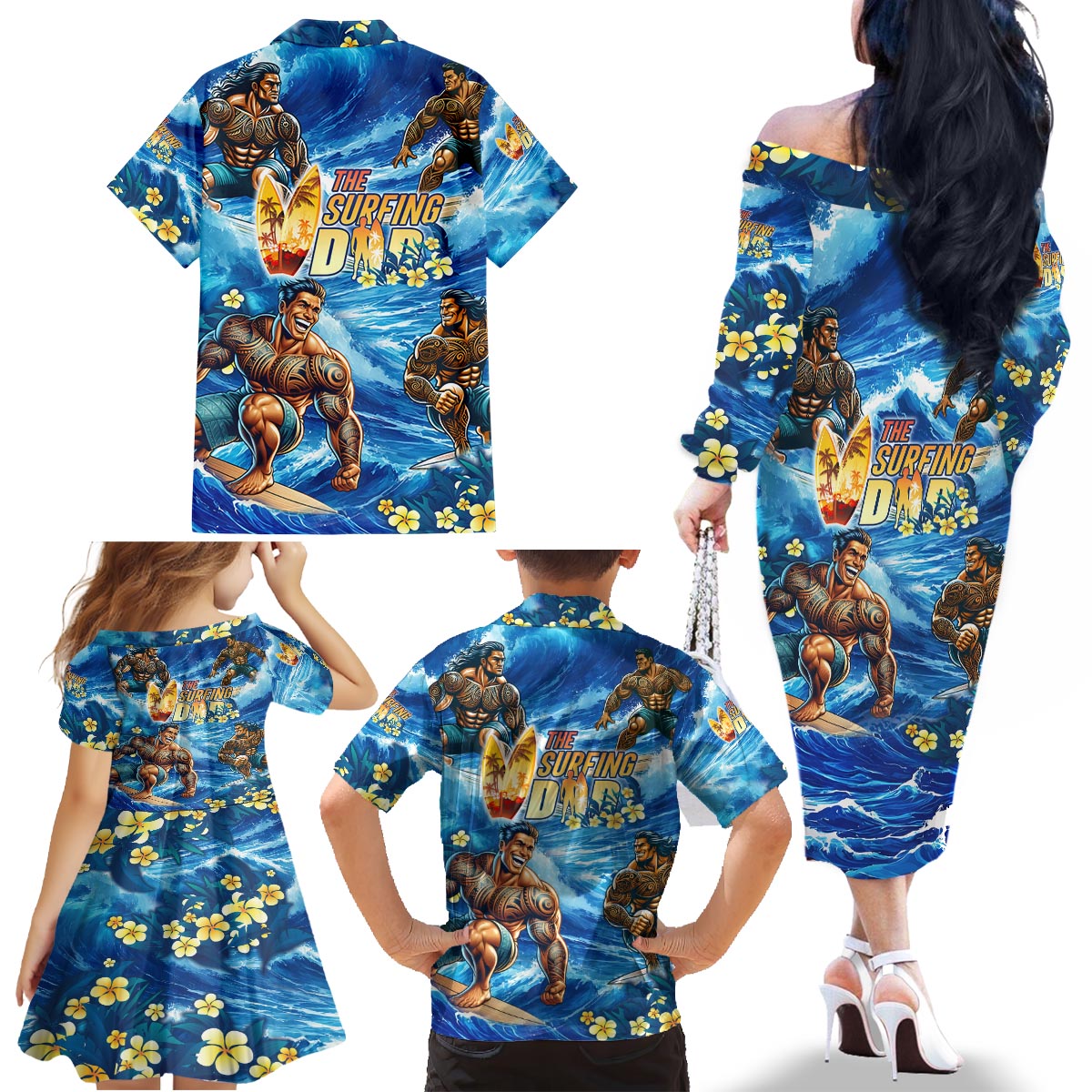 Hawaii Father's Day Family Matching Off The Shoulder Long Sleeve Dress and Hawaiian Shirt The Surfing Dad Polynesian Tattoo DT02 - Polynesian Pride