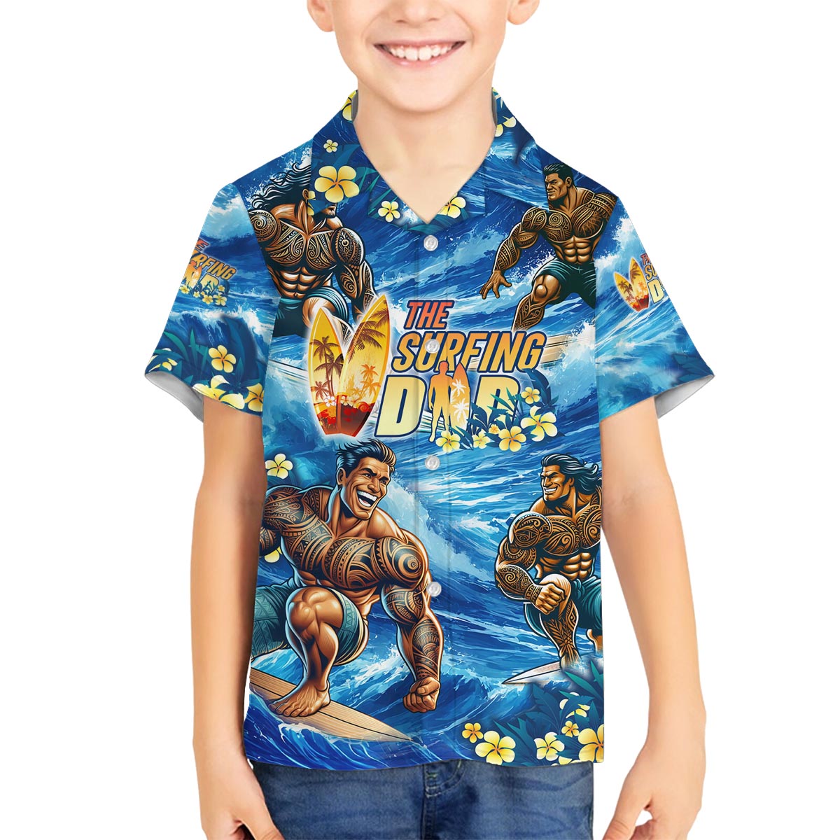 Hawaii Father's Day Family Matching Off The Shoulder Long Sleeve Dress and Hawaiian Shirt The Surfing Dad Polynesian Tattoo DT02 Son's Shirt Blue - Polynesian Pride