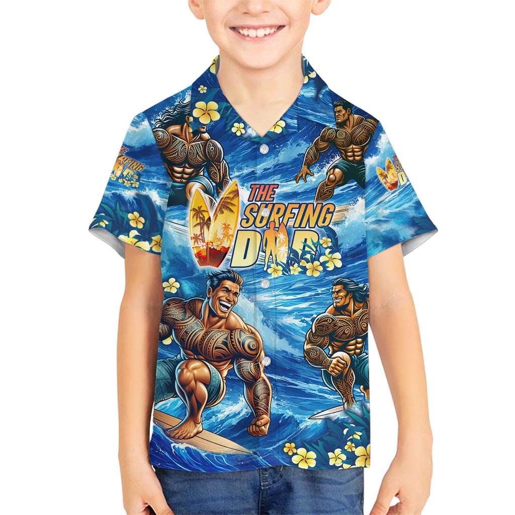 Hawaii Father's Day Family Matching Off Shoulder Maxi Dress and Hawaiian Shirt The Surfing Dad Polynesian Tattoo DT02 Son's Shirt Blue - Polynesian Pride