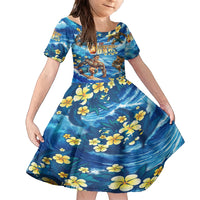 Hawaii Father's Day Family Matching Off Shoulder Short Dress and Hawaiian Shirt The Surfing Dad Polynesian Tattoo DT02 Daughter's Dress Blue - Polynesian Pride