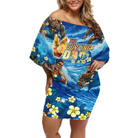 Hawaii Father's Day Family Matching Off Shoulder Short Dress and Hawaiian Shirt The Surfing Dad Polynesian Tattoo DT02 Mom's Dress Blue - Polynesian Pride