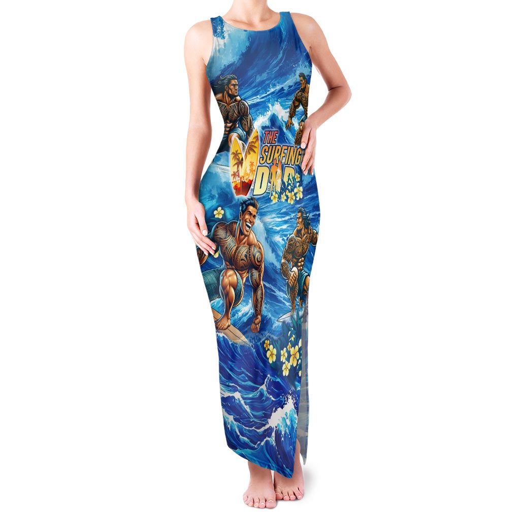 Hawaii Father's Day Family Matching Tank Maxi Dress and Hawaiian Shirt The Surfing Dad Polynesian Tattoo DT02 Mom's Dress Blue - Polynesian Pride