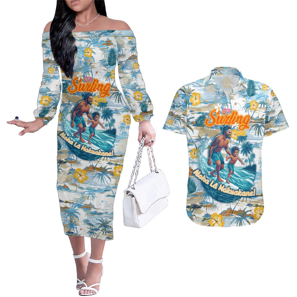 Hawaii Father's Day It's Surfing Time Couples Matching Off The Shoulder Long Sleeve Dress and Hawaiian Shirt Aloha L Makuakane DT02 Blue - Polynesian Pride