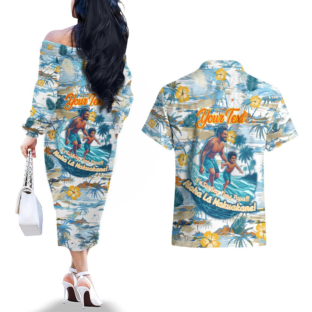 Hawaii Father's Day It's Surfing Time Couples Matching Off The Shoulder Long Sleeve Dress and Hawaiian Shirt Aloha L Makuakane DT02 - Polynesian Pride