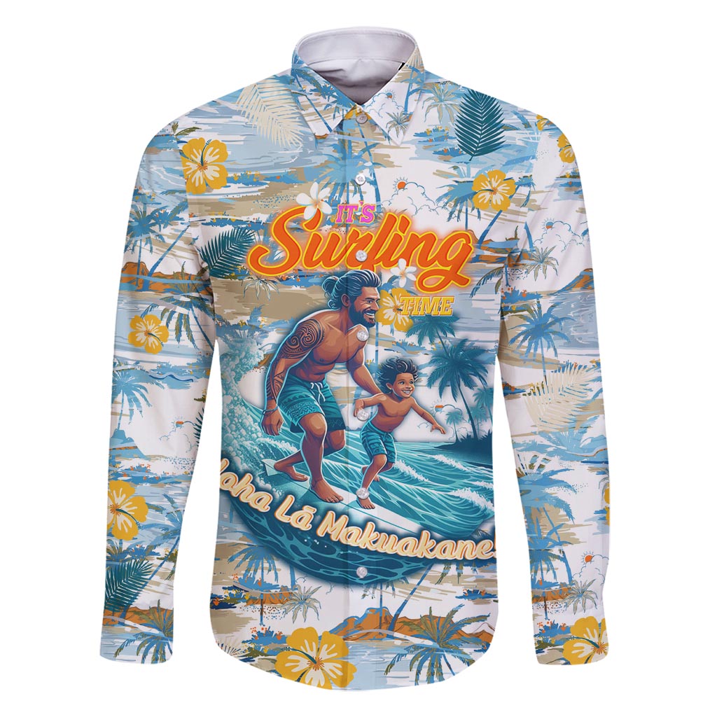 Hawaii Father's Day It's Surfing Time Family Matching Long Sleeve Bodycon Dress and Hawaiian Shirt Aloha L Makuakane DT02 Dad's Shirt - Long Sleeve Blue - Polynesian Pride