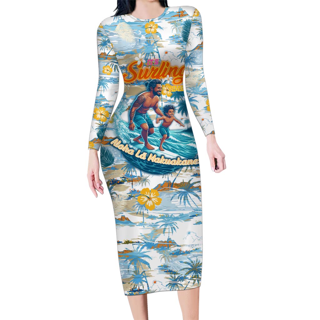 Hawaii Father's Day It's Surfing Time Family Matching Long Sleeve Bodycon Dress and Hawaiian Shirt Aloha L Makuakane DT02 Mom's Dress Blue - Polynesian Pride