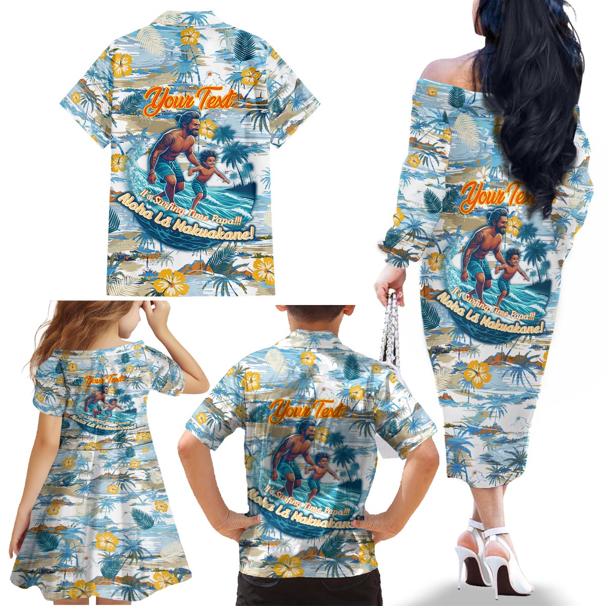Hawaii Father's Day It's Surfing Time Family Matching Off The Shoulder Long Sleeve Dress and Hawaiian Shirt Aloha L Makuakane DT02 - Polynesian Pride