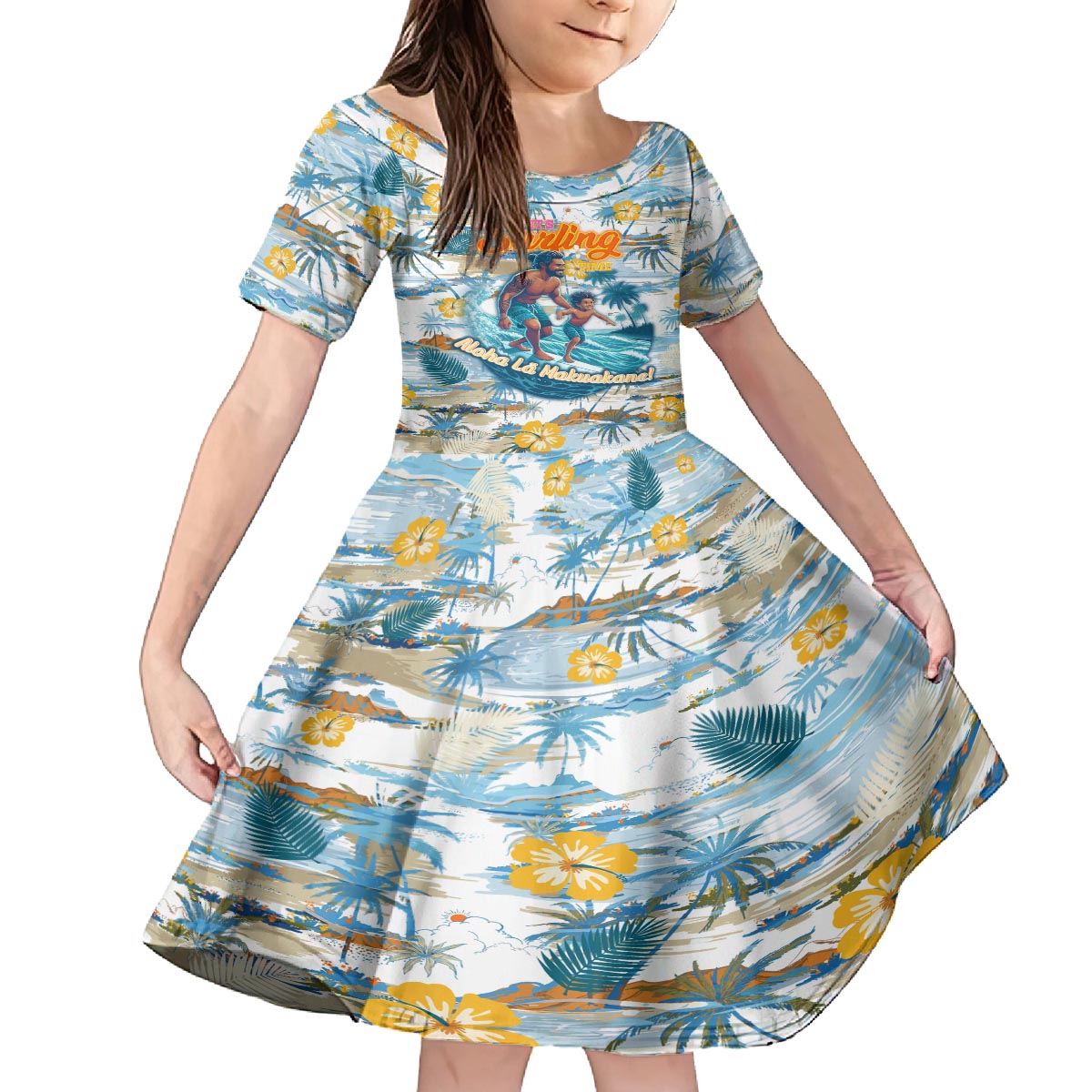 Hawaii Father's Day It's Surfing Time Family Matching Puletasi and Hawaiian Shirt Aloha L Makuakane DT02 Daughter's Dress Blue - Polynesian Pride