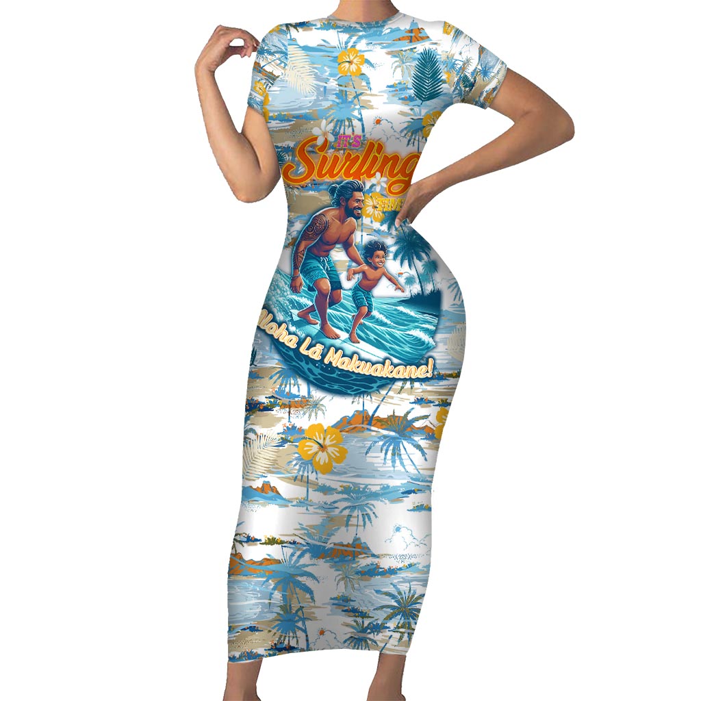 Hawaii Father's Day It's Surfing Time Family Matching Short Sleeve Bodycon Dress and Hawaiian Shirt Aloha L Makuakane DT02 Mom's Dress Blue - Polynesian Pride