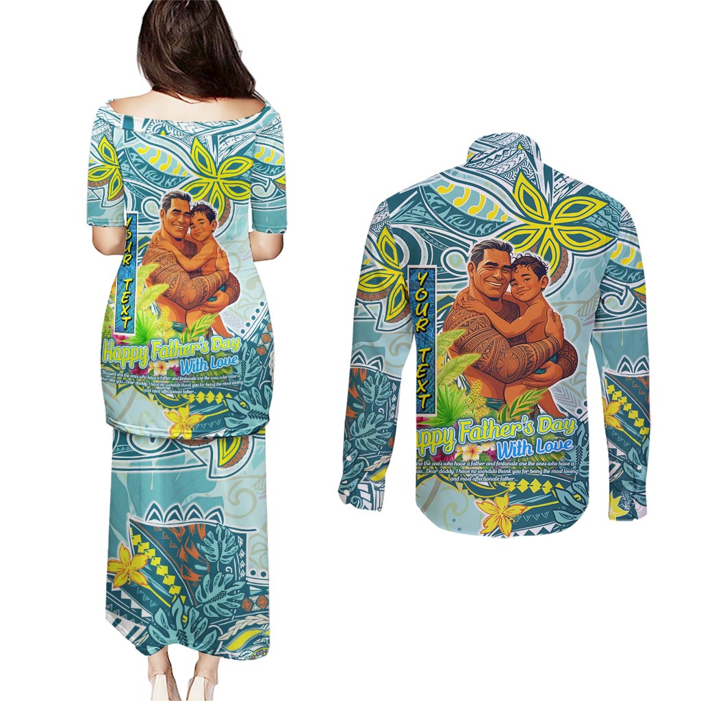 Palau Father's Day Polynesia Couples Matching Puletasi and Long Sleeve Button Shirt Dad and Son