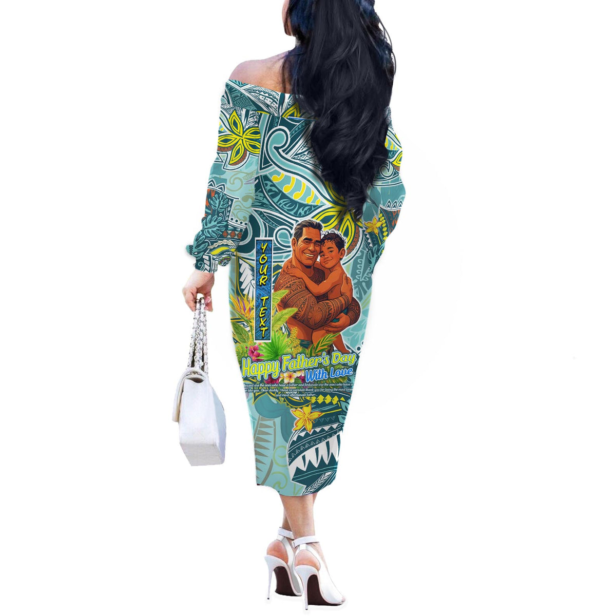 Palau Father's Day Polynesia Off The Shoulder Long Sleeve Dress Dad and Son