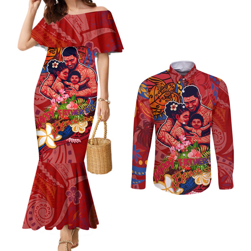 Happy Father's Day French Polynesia Couples Matching Mermaid Dress and Long Sleeve Button Shirt Family Turtle Hibiscus