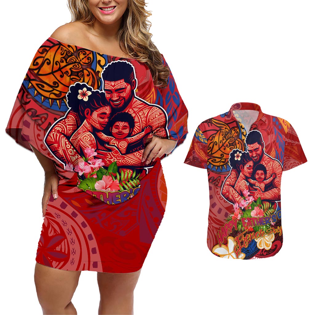 Happy Father's Day French Polynesia Couples Matching Off Shoulder Short Dress and Hawaiian Shirt Family Turtle Hibiscus DT02 Red - Polynesian Pride