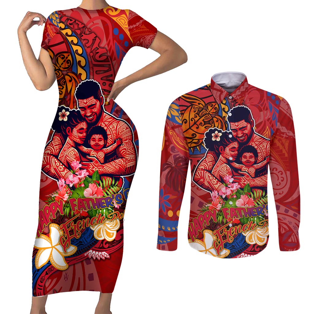 Happy Father's Day French Polynesia Couples Matching Short Sleeve Bodycon Dress and Long Sleeve Button Shirt Family Turtle Hibiscus DT02 Red - Polynesian Pride