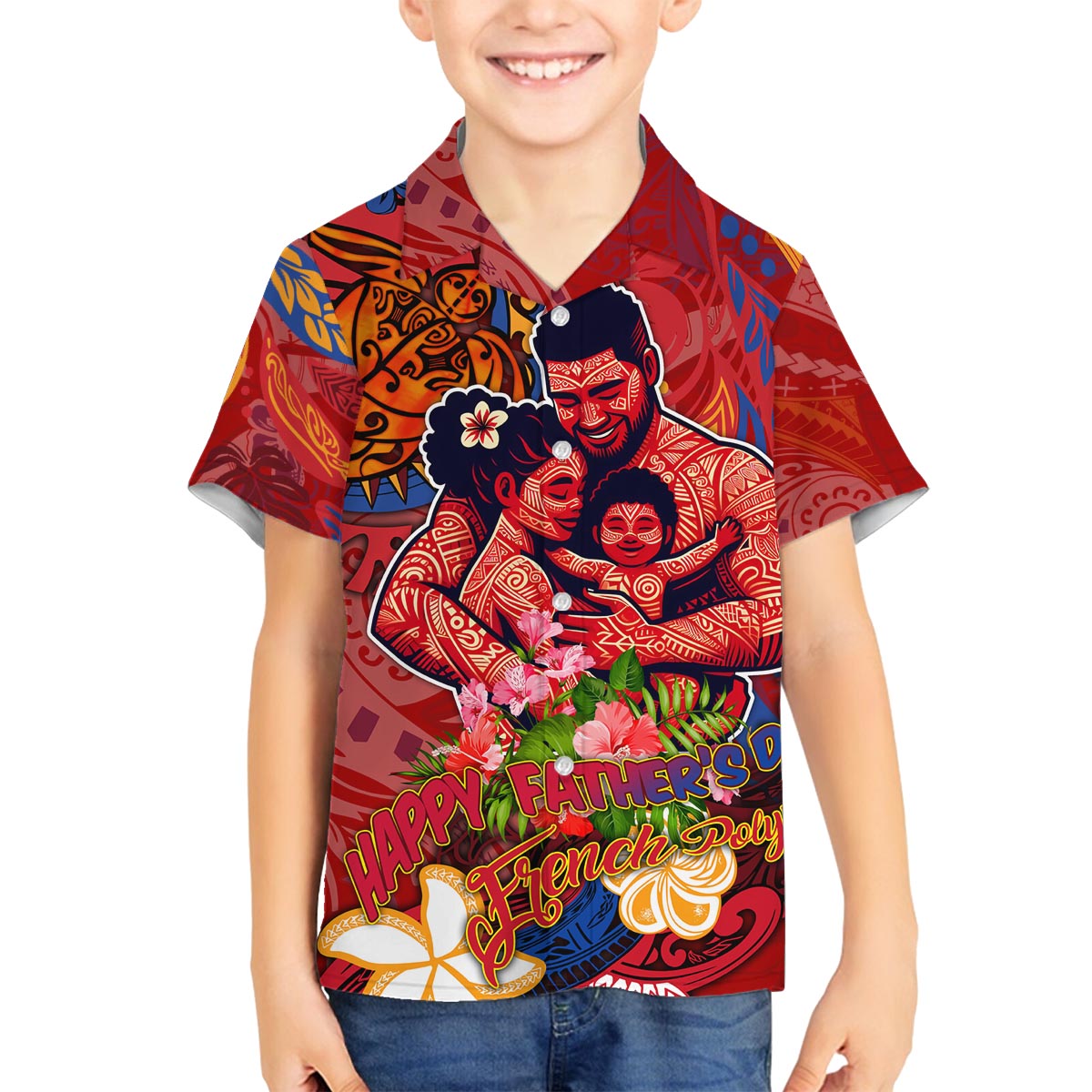 Happy Father's Day French Polynesia Family Matching Puletasi and Hawaiian Shirt Family Turtle Hibiscus DT02 Son's Shirt Red - Polynesian Pride