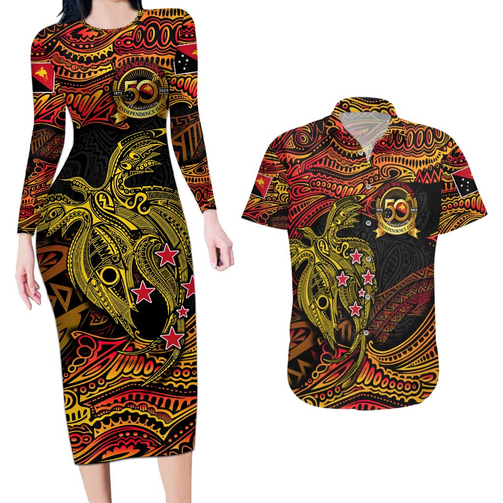 Papua New Guinea 50th Independence Day Couples Matching Long Sleeve Bodycon Dress and Hawaiian Shirt Culture Spirit and Sovereignty DT02 Art - Polynesian Pride