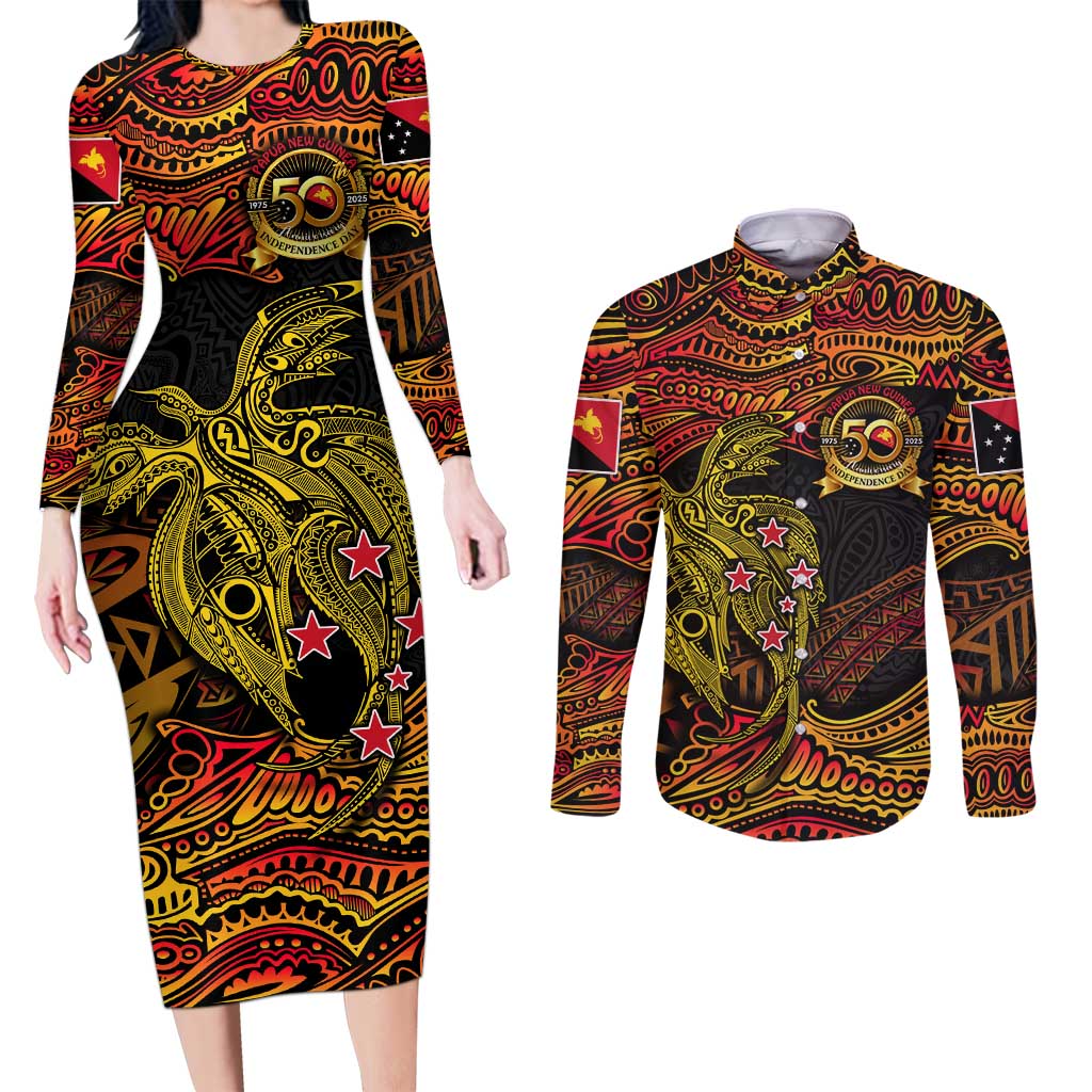 Papua New Guinea 50th Independence Day Couples Matching Long Sleeve Bodycon Dress and Long Sleeve Button Shirt Culture Spirit and Sovereignty DT02 Art - Polynesian Pride