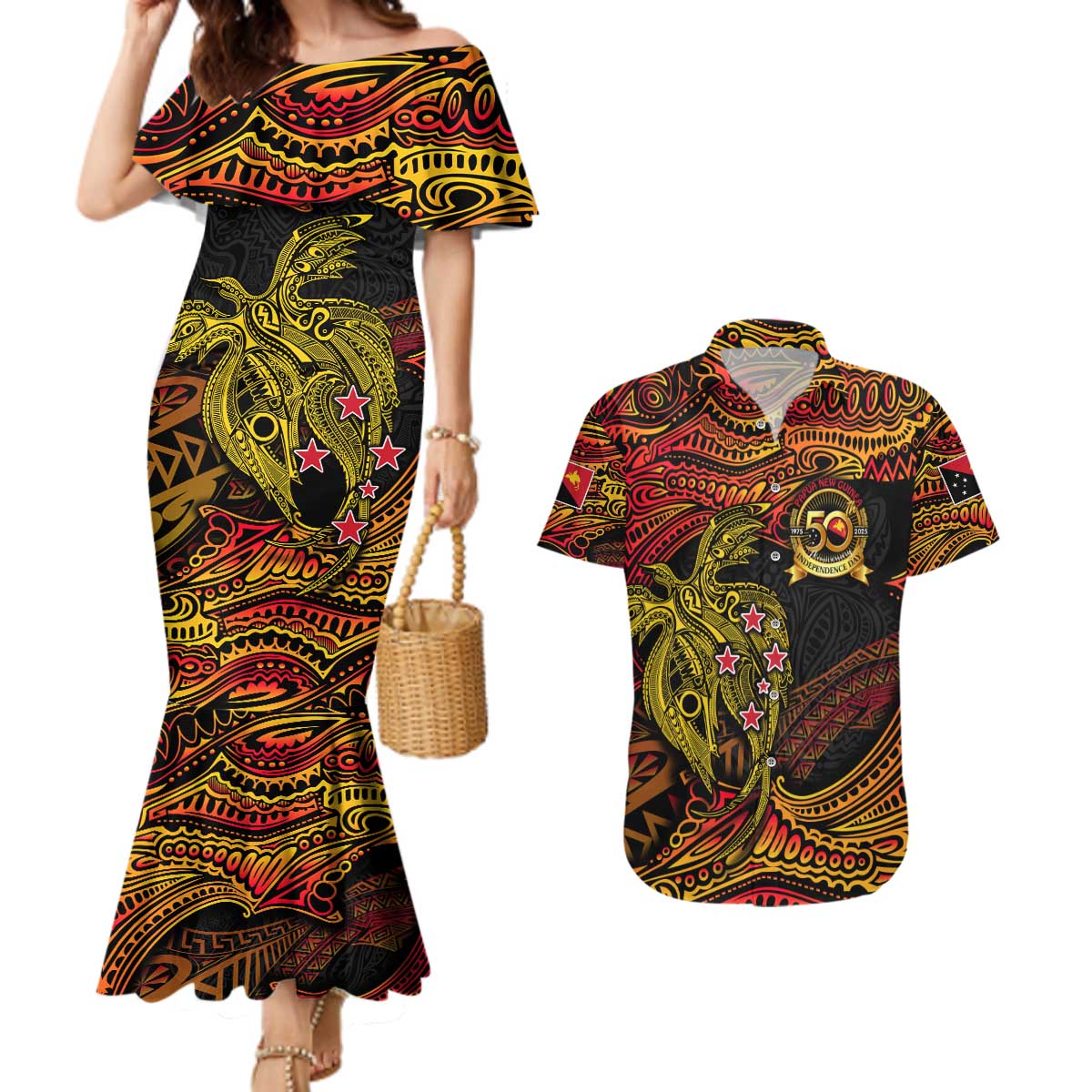 Papua New Guinea 50th Independence Day Couples Matching Mermaid Dress and Hawaiian Shirt Culture Spirit and Sovereignty