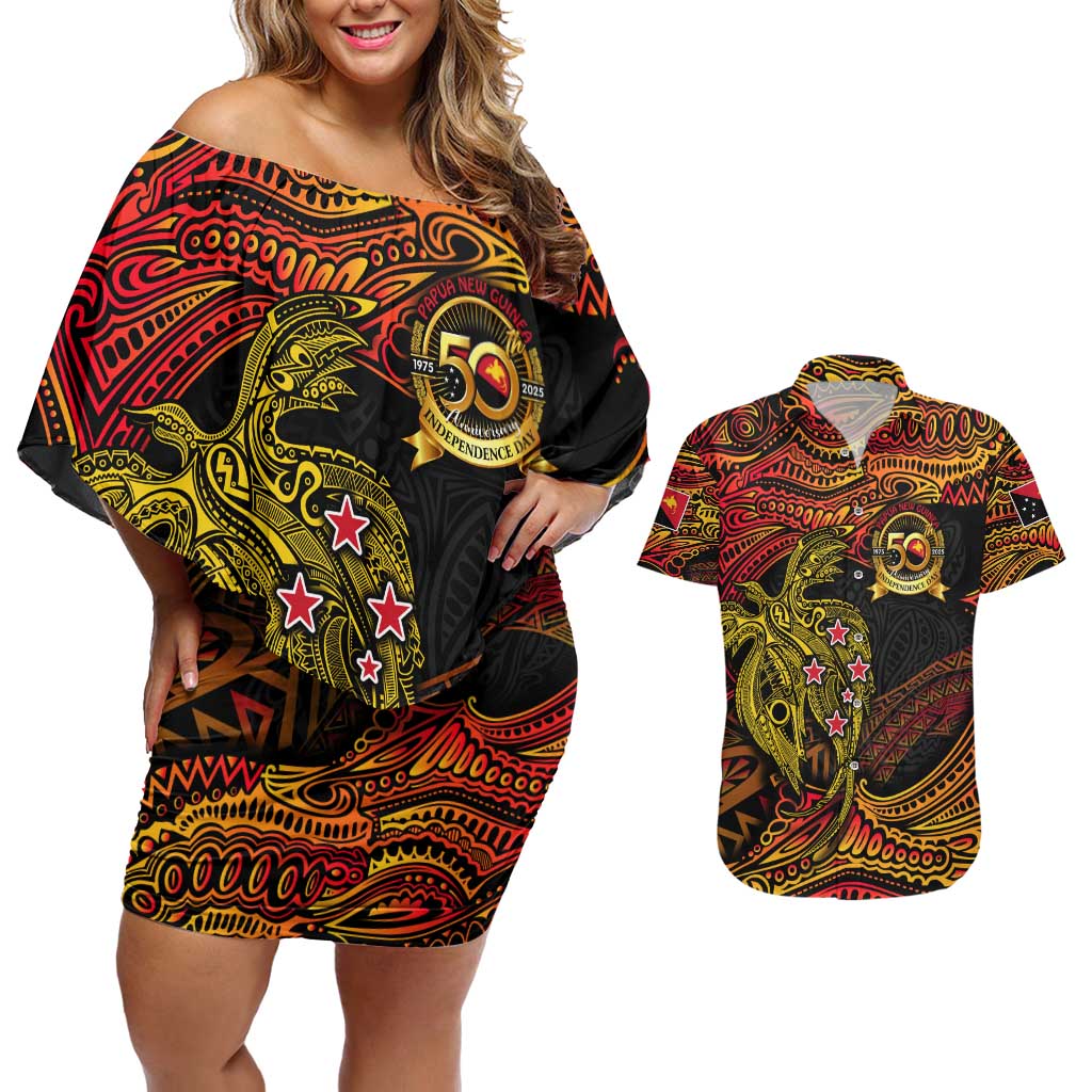 Papua New Guinea 50th Independence Day Couples Matching Off Shoulder Short Dress and Hawaiian Shirt Culture Spirit and Sovereignty