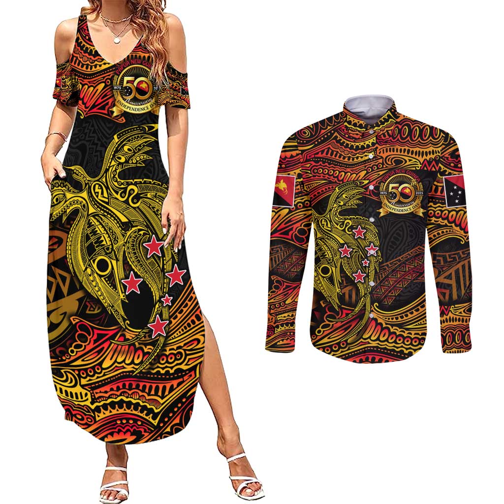 Papua New Guinea 50th Independence Day Couples Matching Summer Maxi Dress and Long Sleeve Button Shirt Culture Spirit and Sovereignty DT02 Art - Polynesian Pride