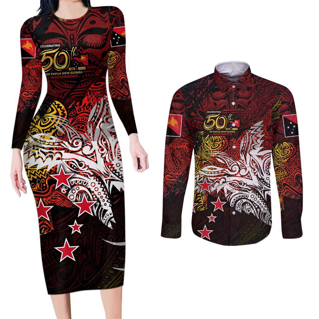 PNG 1975 - 2025 Couples Matching Long Sleeve Bodycon Dress and Long Sleeve Button Shirt Papua New Guinea 50th Independence Anniversary DT02 Art - Polynesian Pride