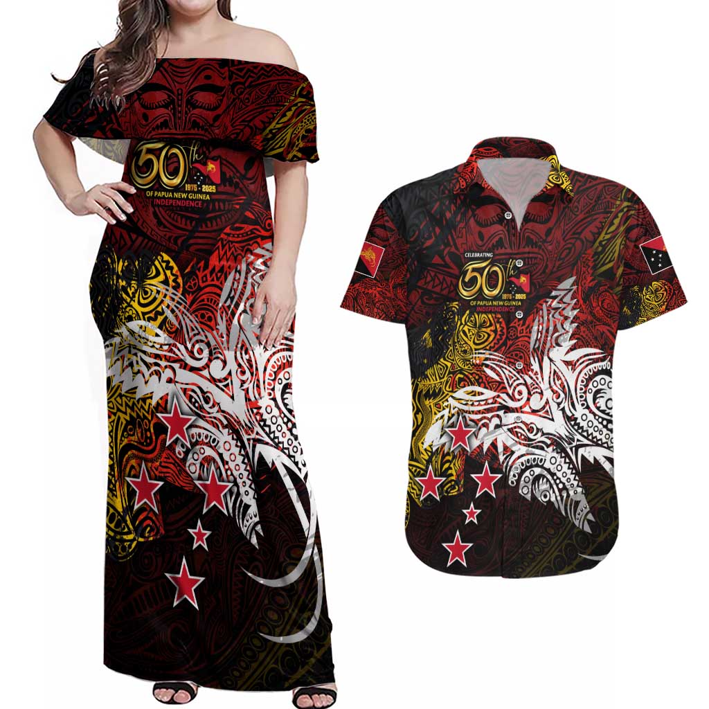 PNG 1975 - 2025 Couples Matching Off Shoulder Maxi Dress and Hawaiian Shirt Papua New Guinea 50th Independence Anniversary DT02 Art - Polynesian Pride