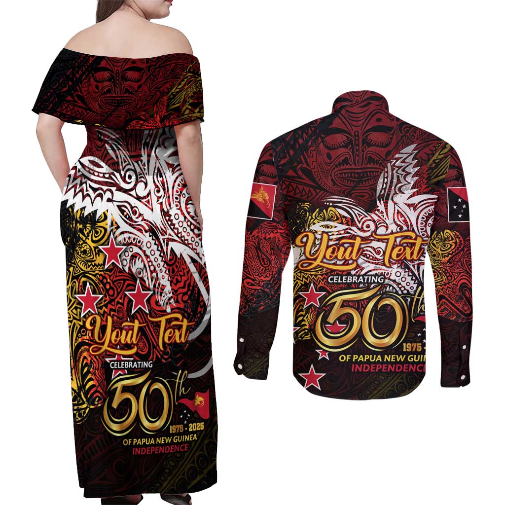 PNG 1975 - 2025 Couples Matching Off Shoulder Maxi Dress and Long Sleeve Button Shirt Papua New Guinea 50th Independence Anniversary DT02 - Polynesian Pride