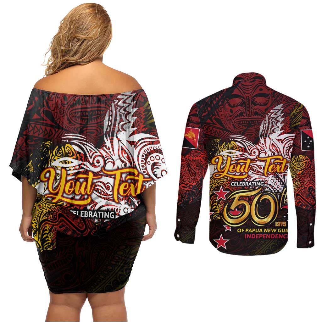 PNG 1975 - 2025 Couples Matching Off Shoulder Short Dress and Long Sleeve Button Shirt Papua New Guinea 50th Independence Anniversary DT02 - Polynesian Pride