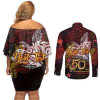 PNG 1975 - 2025 Couples Matching Off Shoulder Short Dress and Long Sleeve Button Shirt Papua New Guinea 50th Independence Anniversary DT02 - Polynesian Pride
